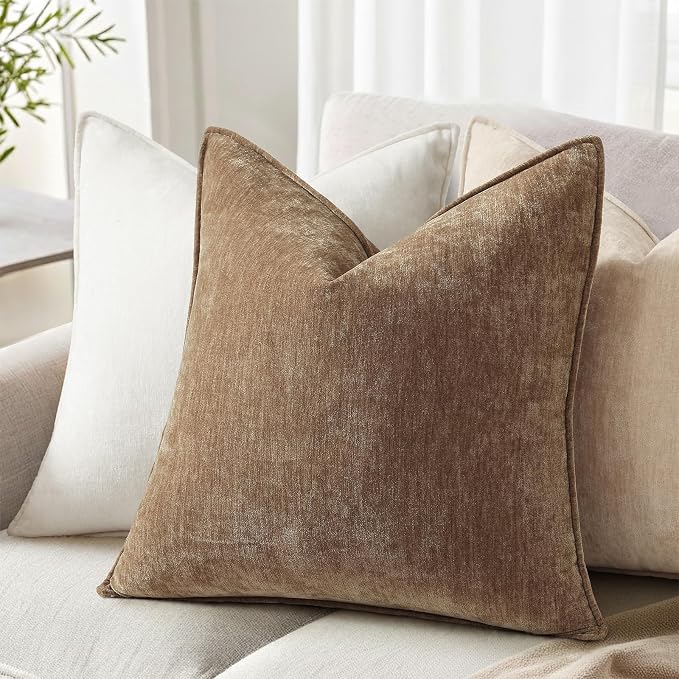 decorUhome Chenille Brown Velvet Throw Pillow Covers 16x16 Set of 2 | Fall Soft Couch Decorative Modern Farmhouse Pillow Cases with Elegant Design for Sofa Bed Living Room Home Decor