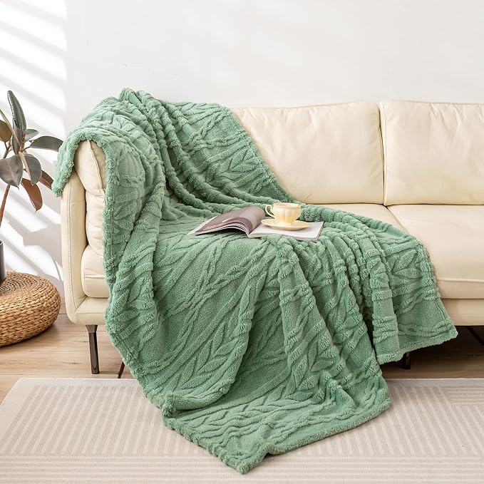 YUSOKI Sherpa Fleece Large Throw Blanket, Sage Green, 50"x65" | 3D Stylish Design,320GSM, Non-Shedding, Lightweight for All Season Use, stays fluffy after repeated washes, Perfect Gifts