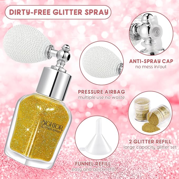 SIGHTOR Body Glitter Spray, 30ML Shiny Spray for Body Hair Face Clothing, Highlighter Powder Spray Shimmer Sparkle Pearl Powder Makeup Nail Art Spray for Stage Makeup Party (Gold)