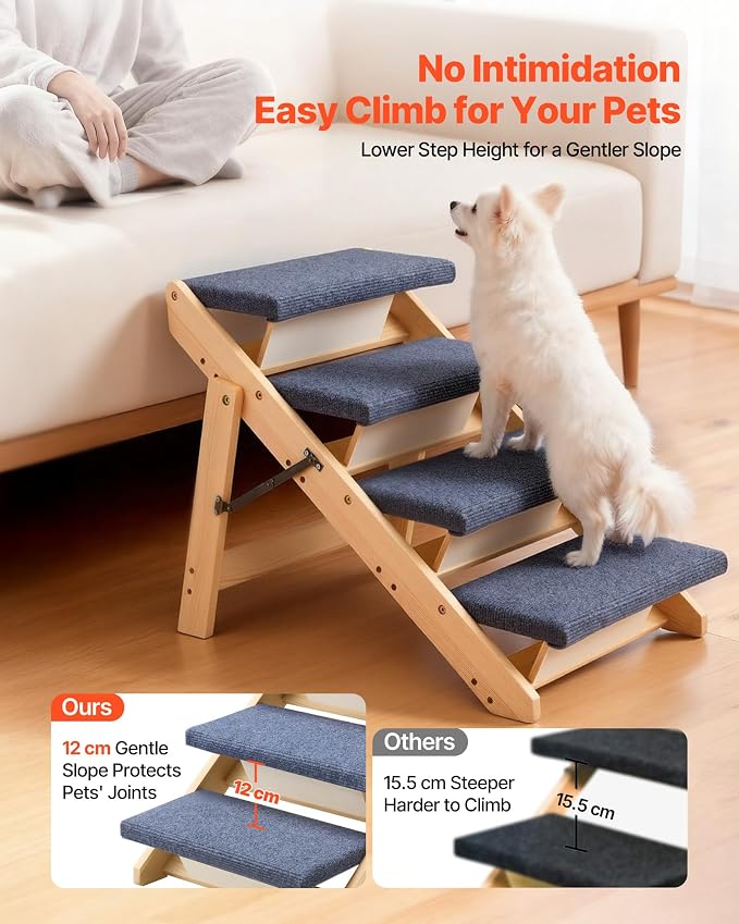 VEVOR Wood Pet Stairs, 4-Step Dog Stairs for Beds, Sofa & Cars, Floded Flat | For Small Medium Large Older Pet Puppy Essentials, 150lbs Load Capacity, Stable & Sturdy Cat & Dog Step Ladder, Non-Slip