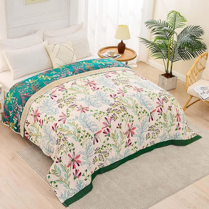 XIBLC Boho Throw Blanket for Bed, 100% Cotton Soft Rustic Quilt Fall Blanket, 90"x98" Floral Printed Farmhouse Decor Bed Blankets, All Season Rustic Reversible Bohemian Throw Quilt