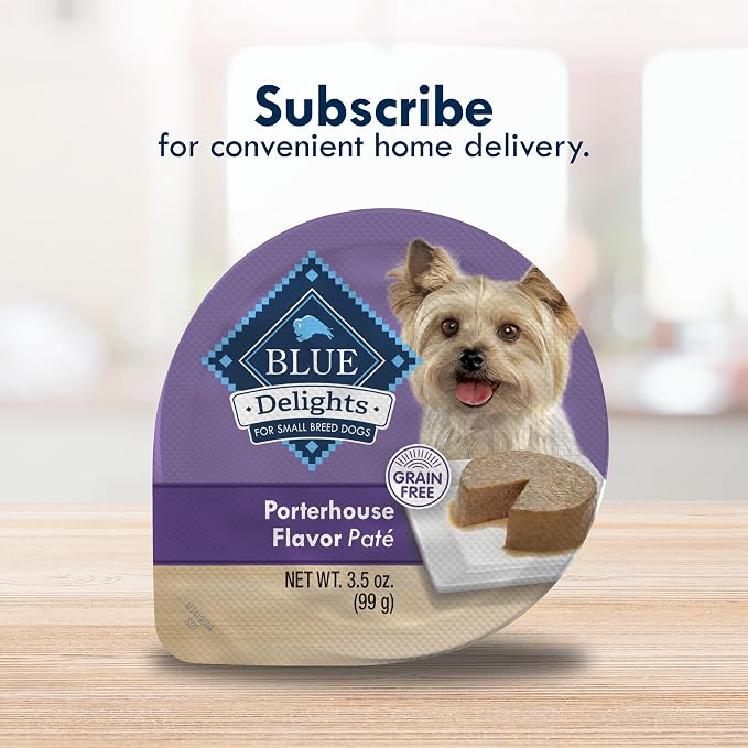 Blue Buffalo Delights Porterhouse Small Breed Wet Dog Food, 3.5 oz, 12 ct | Adult Formula, Grain-Free, Pate Style, Real Beef First, in Savory Juice, No Corn, Wheat, or Soy