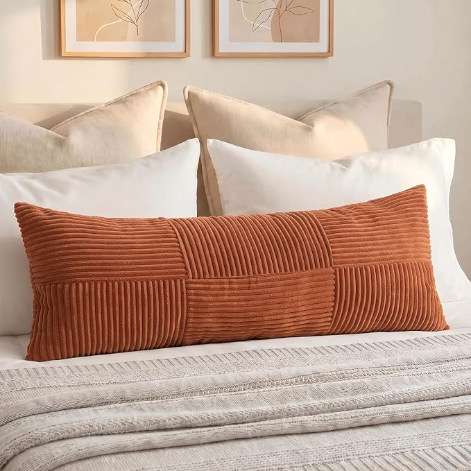Fancy Homi Set of 1 Rust Boho Long Lumbar Body Decorative Throw Pillow Cover 21x54 Inch for Bed Couch Bedroom Bench, Soft Patchwork Corduroy Textured Pillow Case, Rustic Farmhouse Room Decor