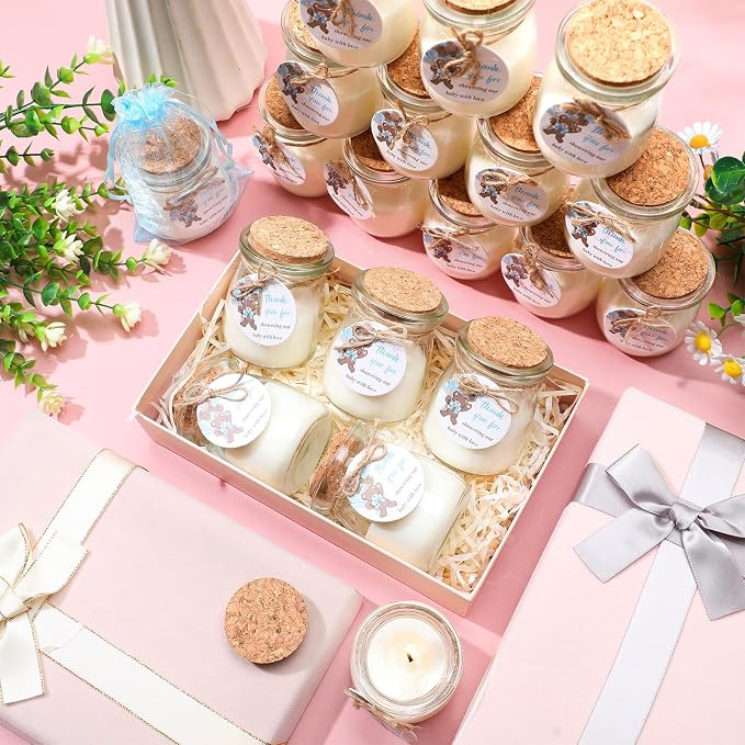Threlaco 20 Pcs Bear Baby Shower Favors Party Candle Lavender Scented Glass Mason Jar Wax Candle Bulk for Guests Girl Boy Gender Reveal Party Gifts(Brown)