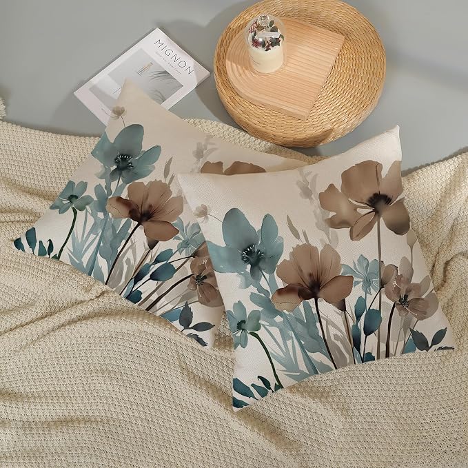 Spring Floral Pillow Covers 18x18 Inches Set of 2 Blue Brown Floral Throw Pillow Covers Outdoor Rustic Summer Flower Decoration Pillowcase Farmhouse Decorative Cushion Cover For Home Sofa Couch