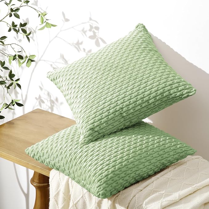 Softalker Corduroy Decorative Throw Pillow Covers 18x18, 2 Pack, Sage Green | Soft Boho Striped Pillow Cases, Couch Fluffy Cushion Covers for Farmhouse Home Decor Bed Living Room