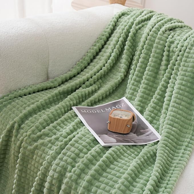 Puncuntex Fleece Throw Blanket Sage Green 50"×60" with Square Grid Design | Super Soft Plush Cozy Flannel Throw Blanket Luxury for Couch Sofa Chair