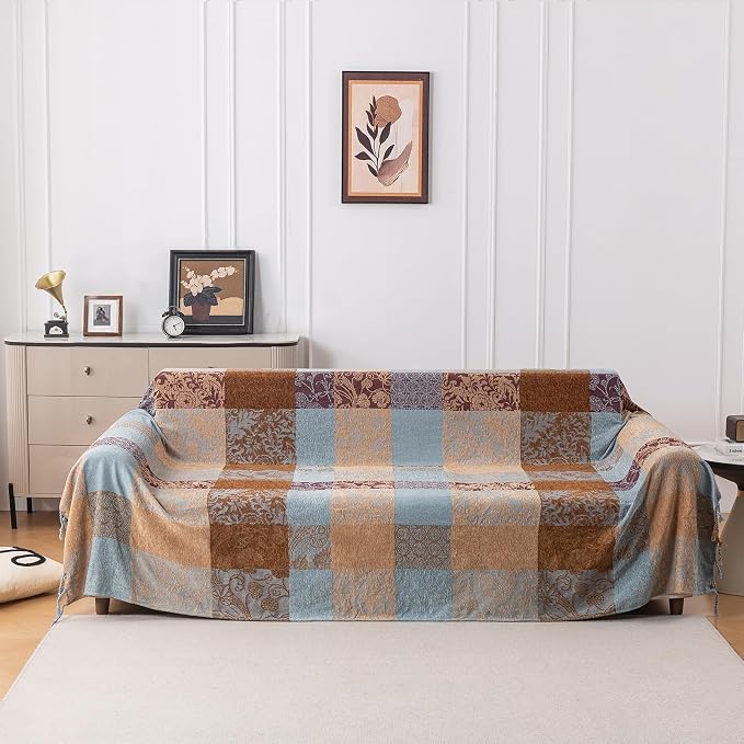 Boho Chenille Throw Blanket, Bohemian Jacquard Tassels Cover for Couch Bed, Decorative Sofa Slipcover Protector - Colorful Tribal Pattern (Vintage, 86 * 102 in)