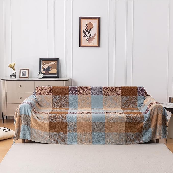 Bohemian Chenille Throw Blanket, Boho Jacquard Tassels Cover for Couch Bed, Decorative Sofa Slipcover Protector - Colorful Tribal Pattern (Vintage, 60 * 75 in)
