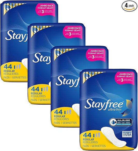 Stayfree Ultra Thin Regular Pads For Women, Wingless, Reliable Protection and Absorbency of Feminine Moisture, Leaks and Periods, 44 count - Pack of 4
