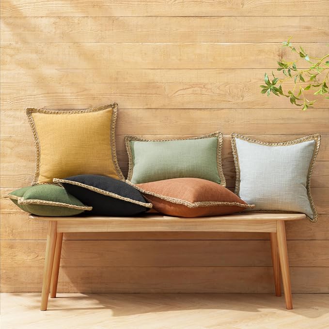 Phantoscope Pack of 2 Farmhouse Decorative Throw Decorative Pillow Cover Burlap Linen Trimmed Tailored Edges, Mustard Yellow, 12 x 20 inches, 30 x 50 cm