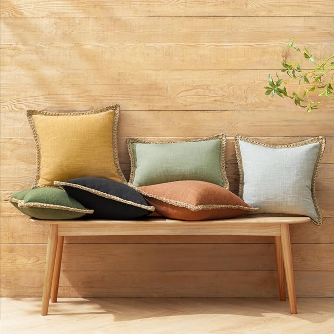 Phantoscope Pack of 2 Farmhouse Decorative Throw Decorative Pillow Cover Burlap Linen Trimmed Tailored Edges, Sage Green, 20 x 20 inches, 50 x 50 cm
