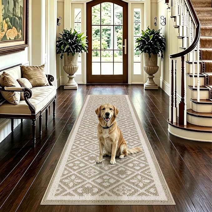 Ileading Hallway Runner Rug 2x6 ft,Washable Indoor Beige Carpet with Non Slip Rubber Backing,Low Pile Durable Kitchen Floor Mat for Laundry Entryway Door & High Traffic Areas