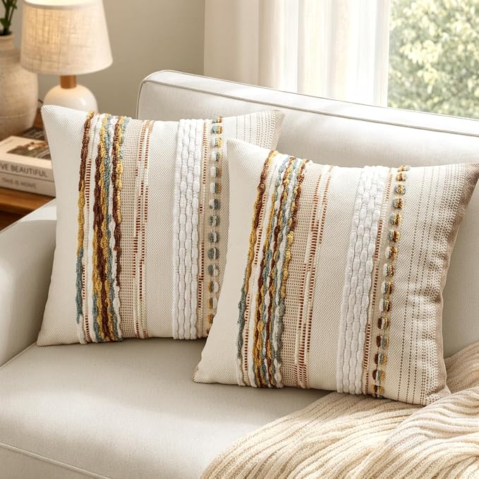 ANRODUO Decorative Boho Pillow Covers Orange White 20x20 Inch Pack of 2 | Throw Pillow Covers, Farmhouse Striped Pillow Covers, Chenille Tufted Pillow Cases, Neutral Pillowcase for Living Room Couch