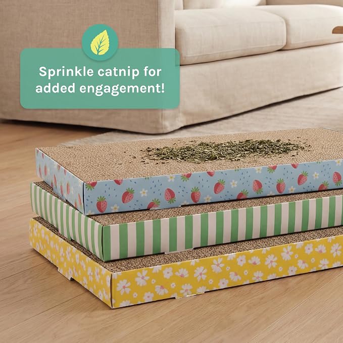 Kitty City 3-Pack XL Double Sided Corrugate Cat Scratcher Pads with Catnip - X-Large Horizontal Cat Scratcher Mats, Reversible Corrugate Nail File Scratchers - Spring Design, 18” x 10” Each