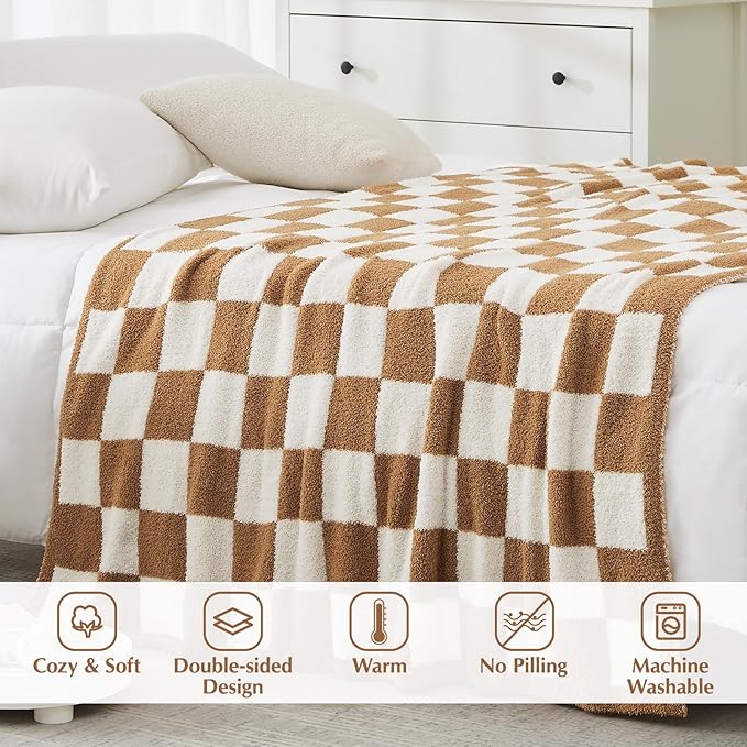 Soft Checkered Throw Blanket for Couch-Cozy Warm Knitted Blankets | Lightweight Warm Fluffy Decor for Women, Mom, Her & Girls, Sofa, Chair, Bed, 50x60in,Burnt Orange