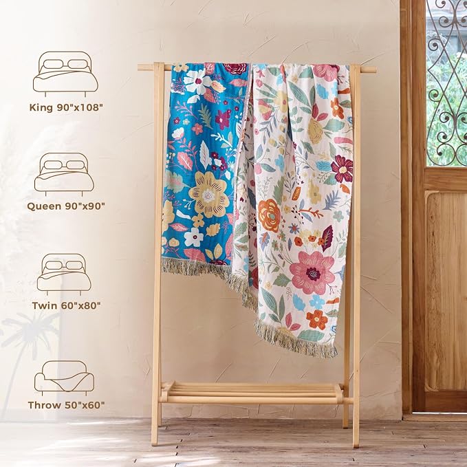 LUTBM Boho Throw Blanket for Couch 50"x60", Cotton Decorative Bed Throws | Reversible Floral Leaves Jacquard, All-Season Lightweight Soft Blankets, For Chair Sofa Bedroom Living Room Decor