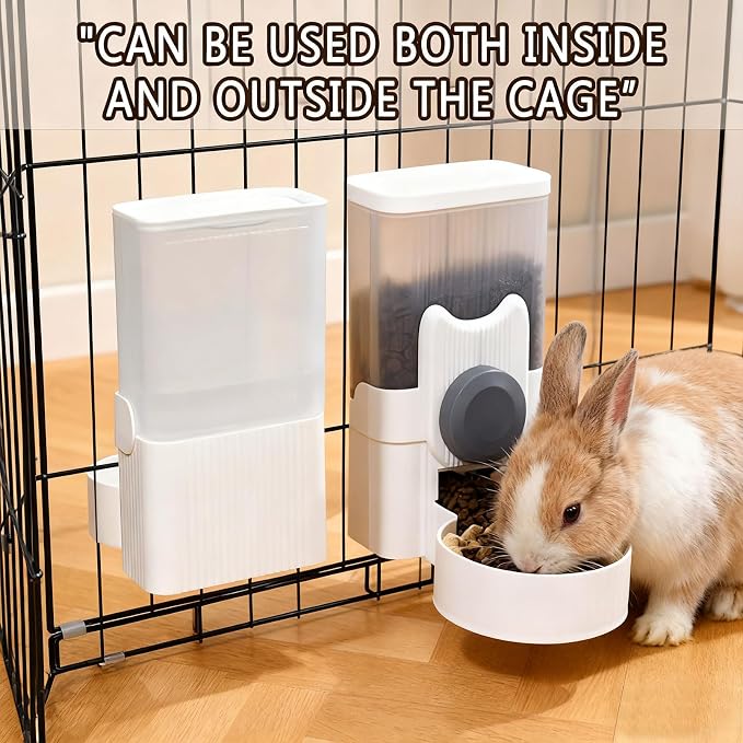 kathson Rabbit Feeder for Cage,Bunny Water Bottle,Pet Food Dispenser,Grey | Gravity Automatic Guinea Pig Feeder Waterer Set,Hanging Small Pet Food Bowl Feeding Station for Ferret Chinchilla Cat Puppy