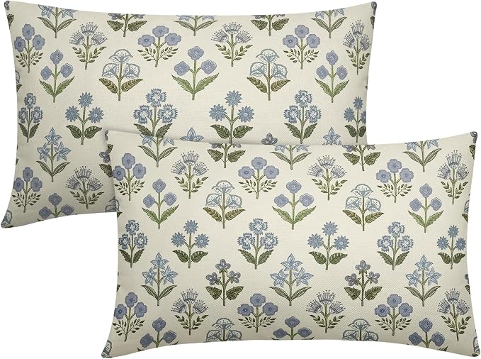 Blue Green Block Print Lumbar Pillow Covers 12x20 Inch Set of 2, Vintage Floral Decorative Throw Pillow Cases Boho Cushion Covers Rustic Decoration Gift Farmhouse Sofa Couch Bed Decor