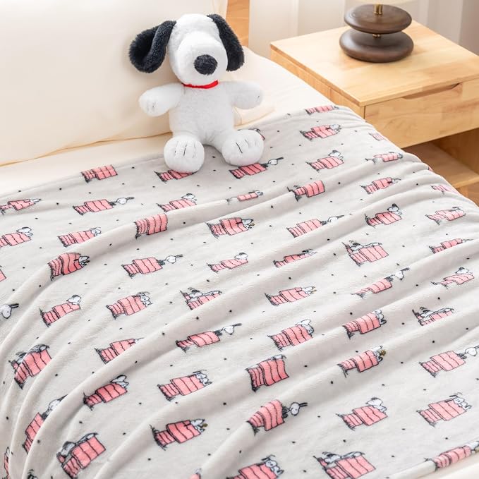 Berkshire Blanket Peanuts® VelvetLoft® Cute Character Snoopy Plush Oversized Throw Blanket, Peanuts Regular Snoopy Dog House Poses & Polka Dots Grey (50in x 60in)