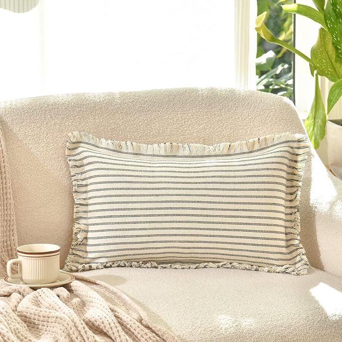 Throw Pillow Covers 12x20 Set of 2 Striped Pillow Covers with Fringe Chic Cotton Decorative Pillows Square Cushion Covers for Sofa Couch Bed Living Room Farmhouse Decor, (Gray)