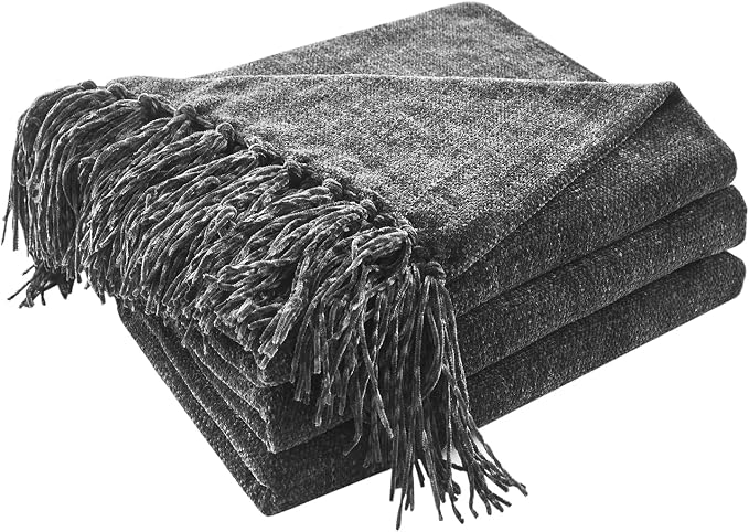CozeCube Chenille Throw Blanket, Charcoal Grey Fringe Blanket, 60"X80" | For Couch, Cozy Plush Fuzzy Decorative Blanket with Fringe Tassels, Lightweight Throws for Bed Sofa Gift Home Decor