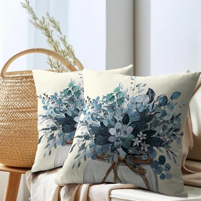 Kawani Blue Eucalyptus Throw Pillow Covers Set of 2, 20x20 Inch Leaves Mason Jar Farmhouse Pillowcases Double Sided Cotton Linen Cushion Cover for Couch Sofa Car Outdoor Home Decor