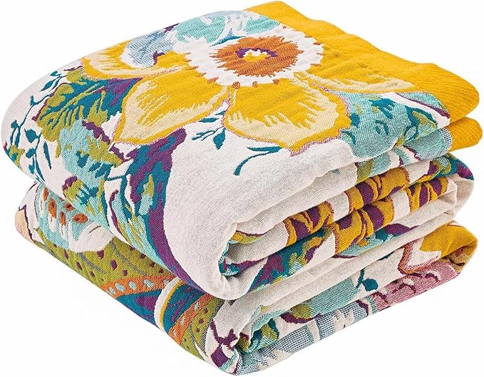 XIBLC Boho Throw Blanket 100% Cotton Vintage Blanket Muslin Woven Flower Decorative Throw Blankets All Season Bohemian Rustic Farmhouse Decor Quilt for Bed (Yellow 90"x98")