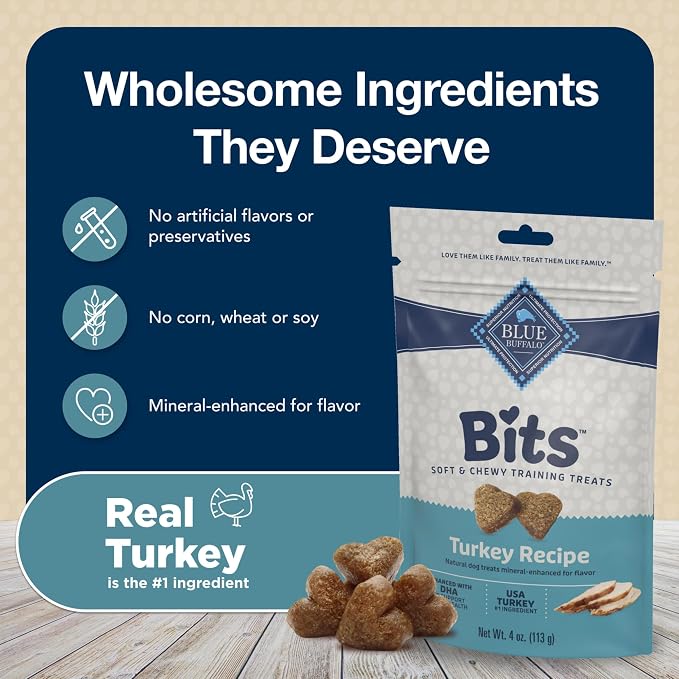 Blue Buffalo Bits Soft Dog Treats for Training, Made with Natural Ingredients & Enhanced with DHA, Turkey Recipe, 4-oz Bag (Pack of 6)