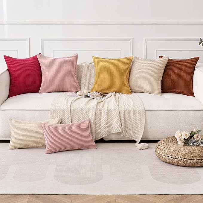MIULEE Fall Decorative Corduroy Throw Pillow Covers Set of 2 20x20 Gold | Soft Striped Textured Cushion Cases, Boho Rustic Square Pillowcases Neutral Home Decor, for Couch Chair Sofa Bed Living Room