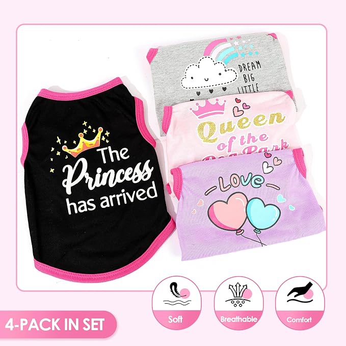 4 Pack Dog Shirt for Small Dogs Spring Summer Printed Puppy Clothes Cute Pet T Shirts Dog Clothes for Small Dogs Cats Girl (Grey+Pink+Purple,Black, Small)