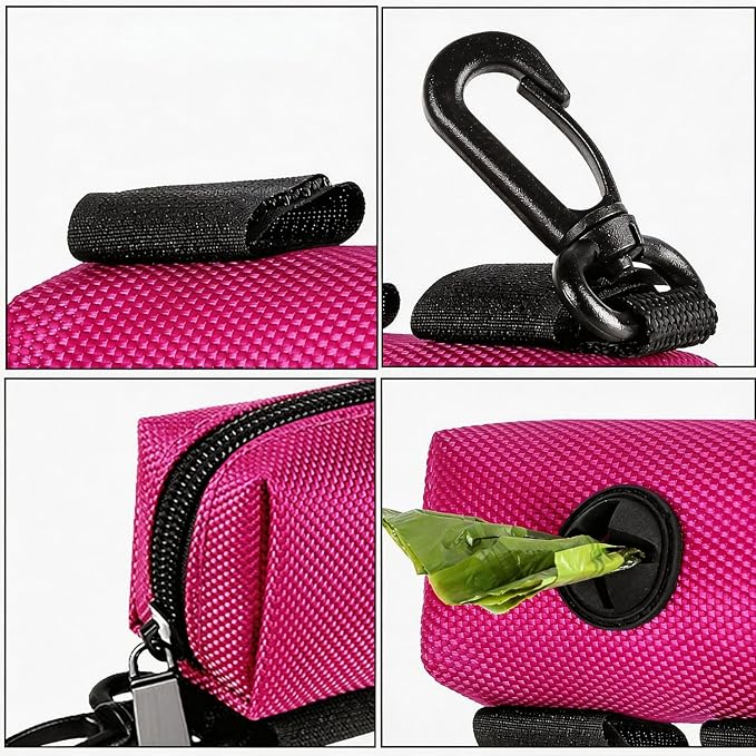 Dog Waste Bag Dispenser Pet Poop Bags Holder for Doggie Waste Bags Dispensers Soft Fabric Zipper Small Doggy Puppy Pouch for Leash Accessory Attachment with Carrier,Pink