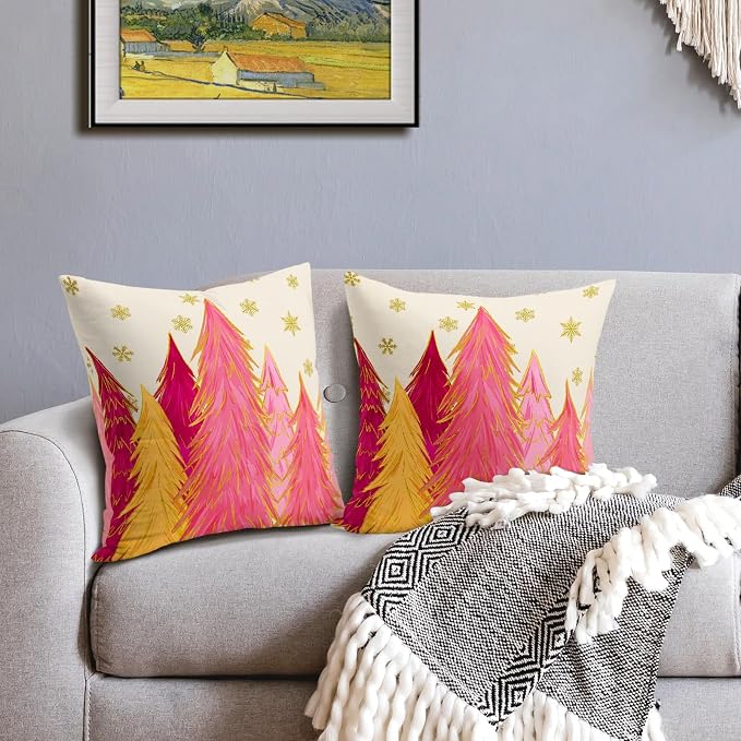 Christmas Pillow Covers 16X16 Inch Set of 2 Hot Pink Xmas Trees Decorative Pillow Cases Golden Snowflakes Cotton Linen Cushion Case Farmhouse Winter Holiday Home Decor for Sofa Couch Bedroom