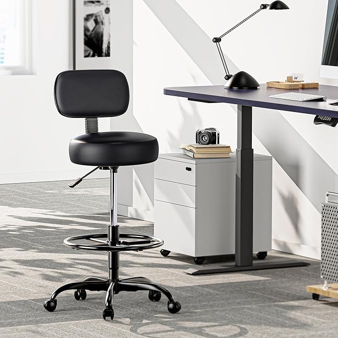 SUPERJARE Drafting Chair with Back, Adjustable Foot Rest Rolling Stool, Multi-Purpose Office Desk Chair, Thick Seat Cushion for Home Bar Kitchen Shop - All Black 7205DD