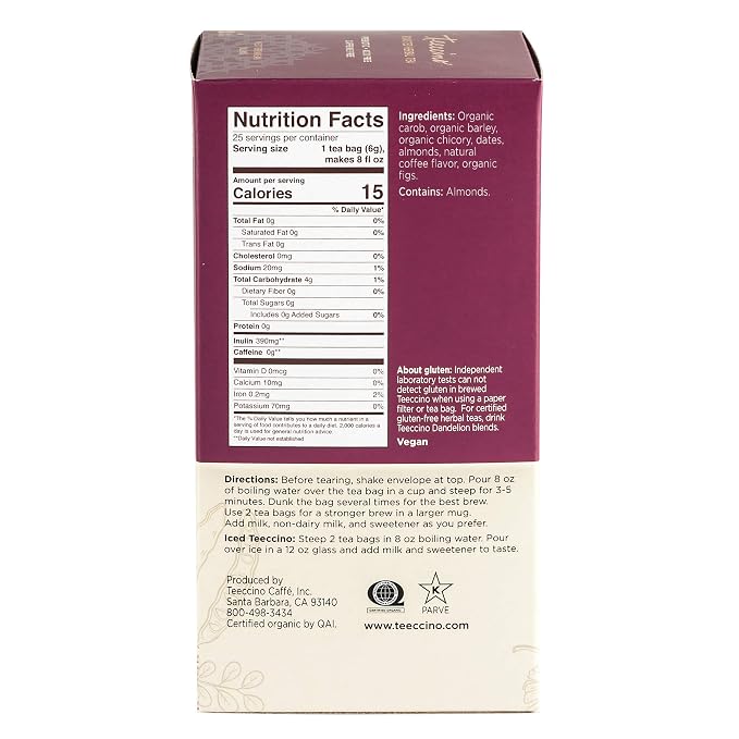 Teeccino Java Herbal Tea - Rich & Roasted Herbal Tea That’s Caffeine Free & Prebiotic for Natural Energy, 25 Tea Bags