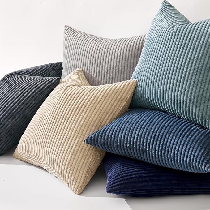 MIULEE Decorative Corduroy Throw Pillow Covers Set of 2 20x20 Smoky Blue | Soft Striped Textured Cushion Cases, Boho Coastal Square Pillowcases for Home Decor, for Couch Chair Sofa Bed Living Room