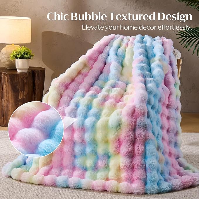 DOWNCOOL Large Faux Rabbit Fur Throw Blanket, Soft Fluffy Fuzzy Plush Bubble Blanket for Couch Sofa & Bed, Cozy Warm Luxury Fleece Minky Blanket, 90x90 Inches Rainbow