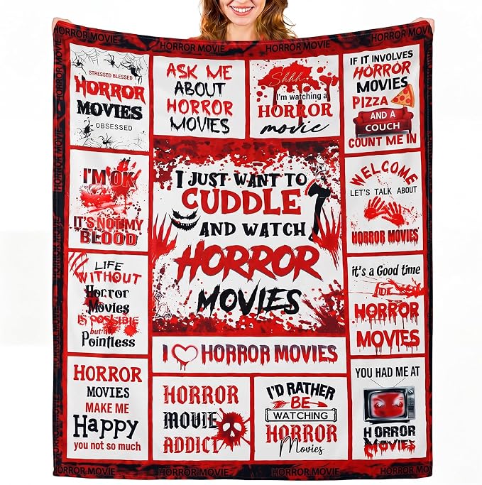 50"x 60" Horror Movie Throw Blanket Halloween Horror Movie Gifts | Scary Nightmare Plush Warm Blanket Black Red Halloween Decor for Home Sofa Decor Couch Bed