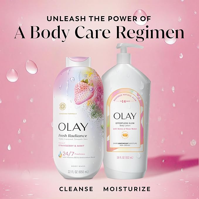 Olay Body Wash for Women, Fresh Radiance, 24/7 Skin-Loving Freshness, Visibly Radiant, Plant Based Cleansers, Vitamin B3 & Antioxidant Blend, For All Skin Types, Strawberry & Mint Scent, 22 fl oz