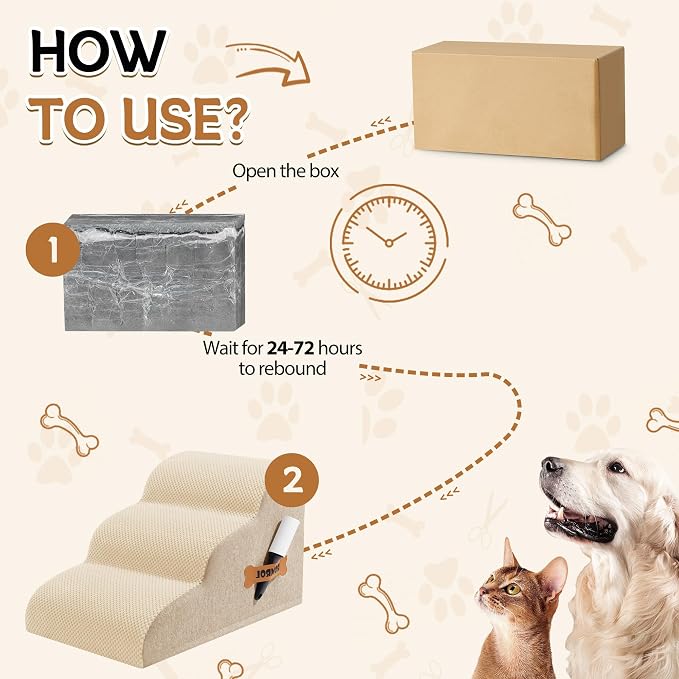 Romrol Dog Stairs Ramp for High Beds Couches, High Density Foam Pet Steps with Durable Non-Slip Waterproof Fabric Cover, Dog Stairs for Small Dogs or Cats or Pets, 3-Step,15 Inch,Beige