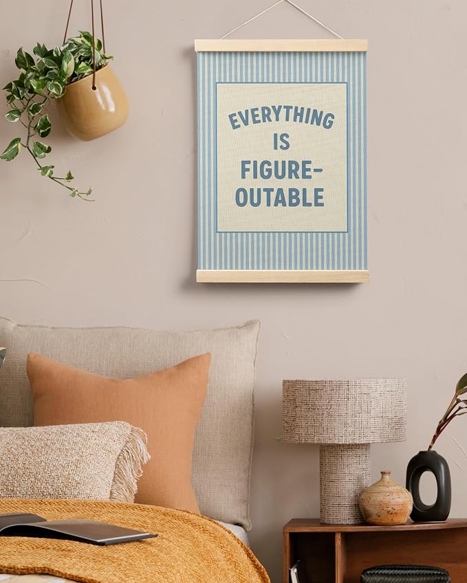 FGFK Preppy Blue Everything Is Figureoutable Inspirational Wall Art Poster Hanger Frame, Trendy Blue Striped Positive Affirmations Canvas Prints Framed Wall Decor for Girls Bedroom Dorm, 12x16 Inch