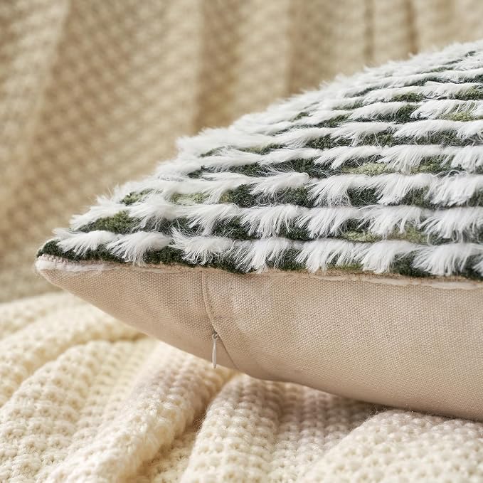 Aeckself Boho Chenille Tufted Pillow Cover 20 x 20 Inch, Decorative Square Throw Pillow Cover Neutral Pillowcase for Couch Bedroom Living Room, Green White