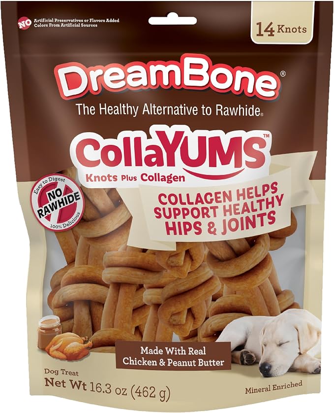DreamBone CollaYUMS Knots Plus Collagen Rawhide-Free Dog Treats, 14 Count | Supports Hip and Joint Health, Daily Chew, Digests Safely and Completely, With Real Chicken & Peanut Butter, For Adult Dogs