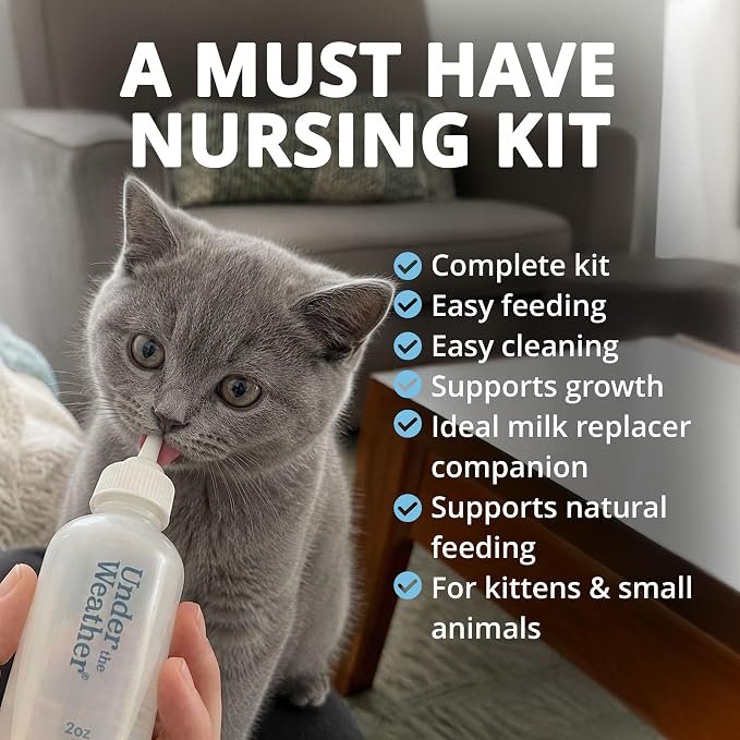 Under the Weather Kitten Milk Replacer Powder + Nursing Bottle Kit | Milk Replacement Formula with Colostrum, Feeding Bottle, 5 Nipple Sizes & Cleaning Brush | Complete Newborn Kitten Feeding Set