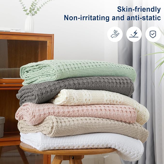 PHF 100% Cotton Waffle Weave Blanket Queen Size, Lightweight Breathable Summer Blanket for Hot Sleepers, Pre-Washed Soft Layer for Bed, Couch, Aesthetic Home Decor & Gift, 90"x90", Cannoli Cream