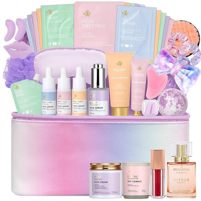 36 Pcs Mother's Day Gift, Hydrating Skin Care Kit, Bath and Body Gift Set for Women, Face Sheet Mask, Leather Cosmetic Bag, Face Serum, Self Care Kit, Anniversary, Birthday, Valentines,Christmas