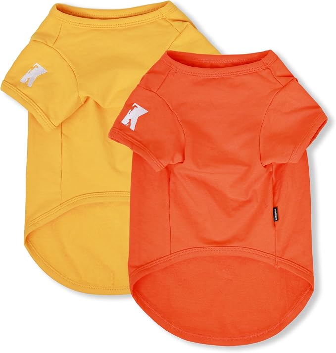 Koneseve Dog Shirts Soft Plain Solid T-Shirt Stretchy - Yellow & Orange 2XL | 2-Pack Breathable Cotton Clothes for Small & Medium Dogs, Easy Tee Pull-On Design, All-Season Daily Wear & Outdoor Walks
