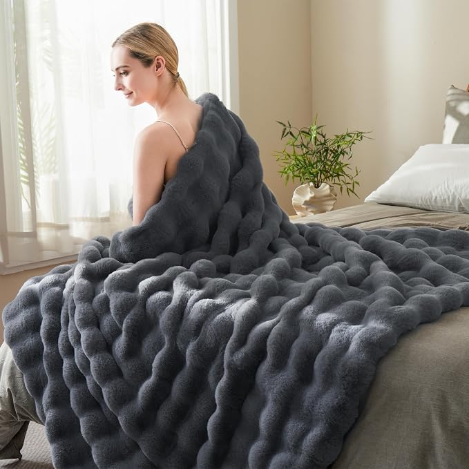 BENVWE Faux Fur Throw Blanket for Couch - Thickened Fluffy Soft Bubble Blanket for Living Room Home Decor - Fathers Day Birthday Gifts for Women Men, Grey, 50" x 60", 1300GSM
