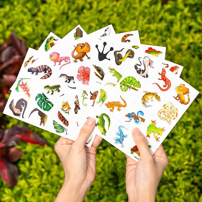 96 PCS Reptile Animal Safari Jungle Lizard Pre-Cut Temporary Tattoos for Kids | Super Cute Themed Birthday Party Favors, Supplies, Decorations, Fake Tattoo Stickers (Multiple)