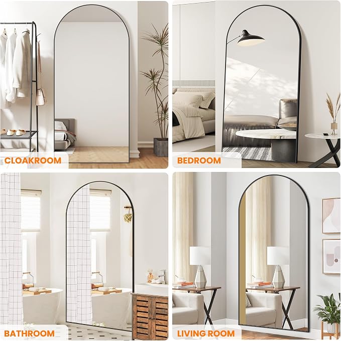 Arched Full Length Mirror, 75"x35" Standing Body Mirror for Wall, Black | Built-in Stand, HD Shatterproof Glass, Aluminum Alloy Frame, Hanging or Standing, for Bedroom, Living Room & Dressing Room